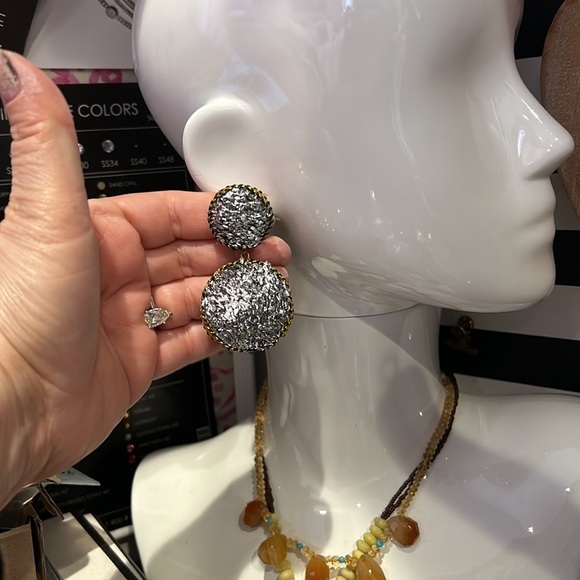 Vintage Sparkly Silver Textured Fabric with Golden Outline Earrings-Boutique - Picture 6 of 6